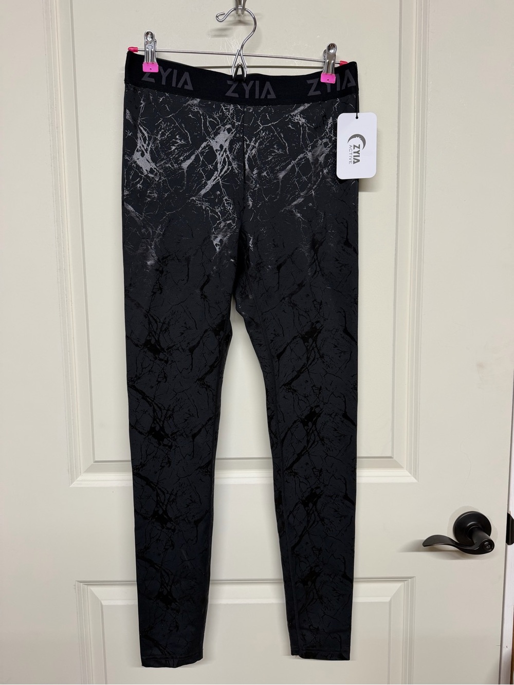 ZYIA Black Marble-Print Women’s Leggings with Branded Waistband